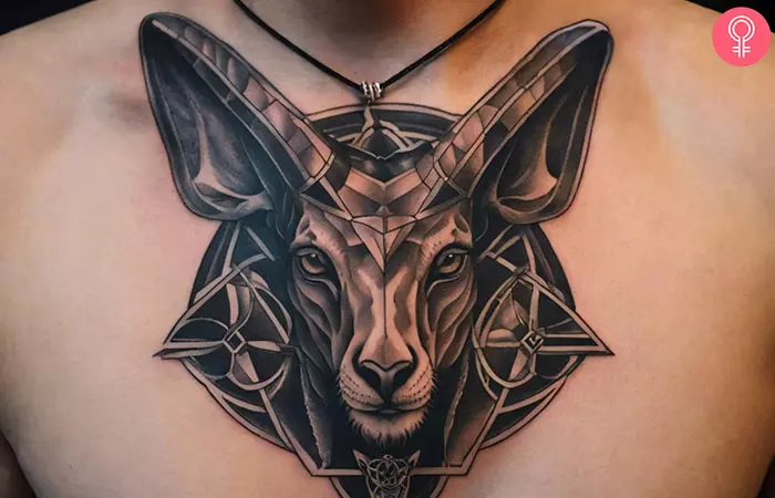 Man with a Baphomet tattoo on the chest
