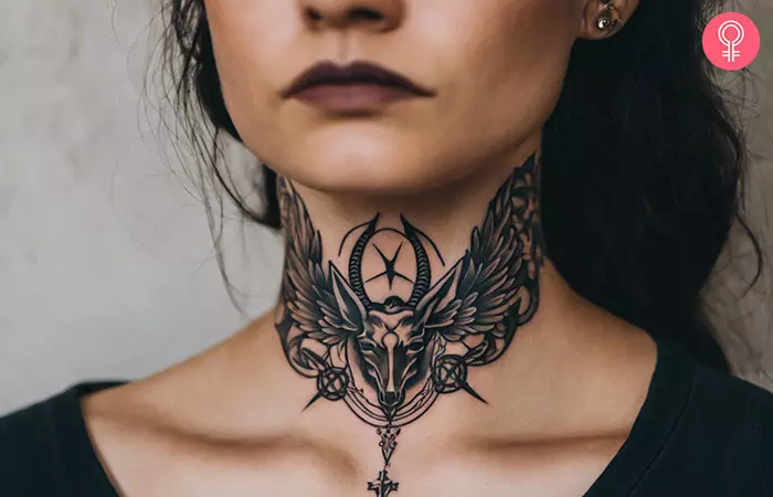 Woman with a Baphomet tattoo on the neck