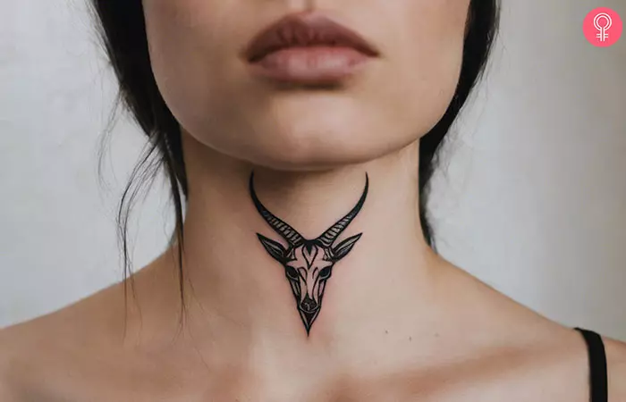 Woman with a Baphomet tattoo on the throat