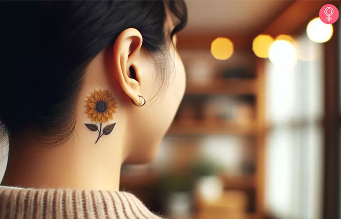 A small yellow sunflower tattoo behind the ear