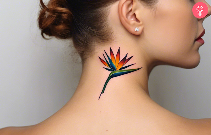 Bird Of Paradise Tattoo on the side of a woman’s neck