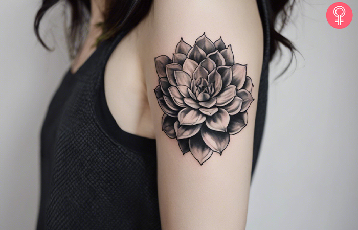 woman with black and white succulent tattoo on her upper arm