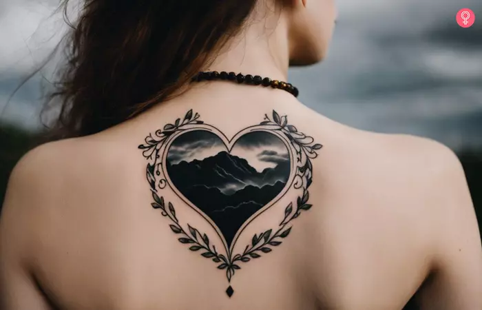 Woman with a black heart and storm tattoo on her back