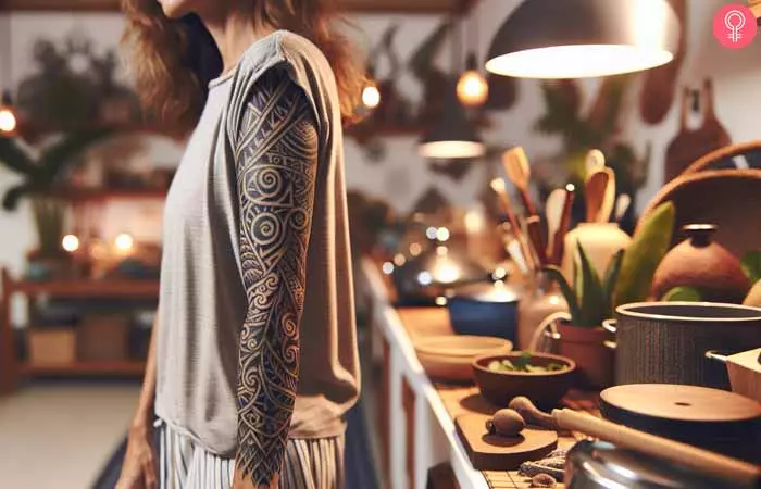 A woman with a blackwork sleeve tattoo design 