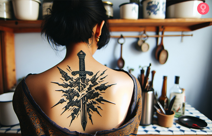 Woman with broken sword tattoo on her back