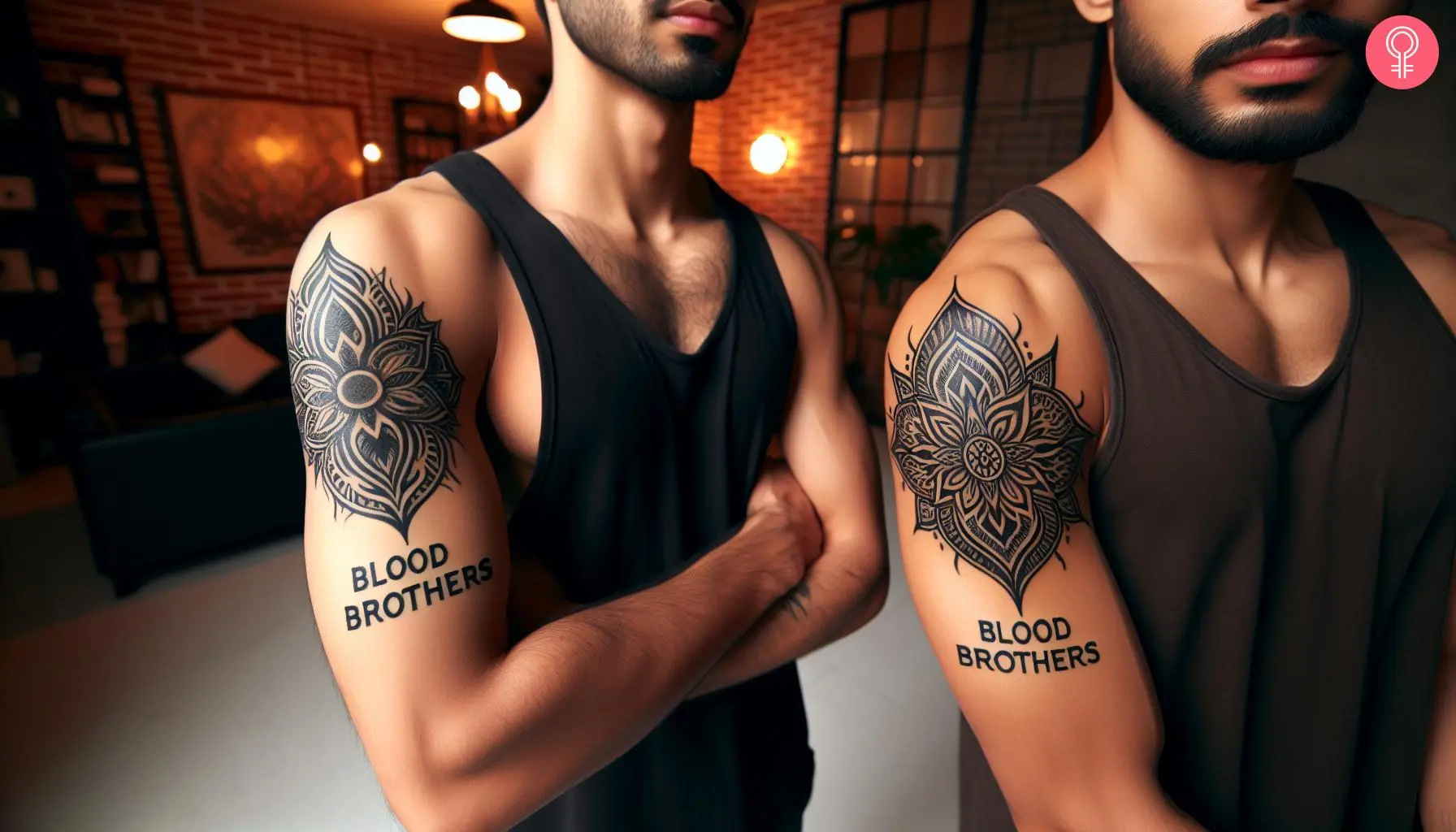 Brothers with blood brother tattoos on their upper arms