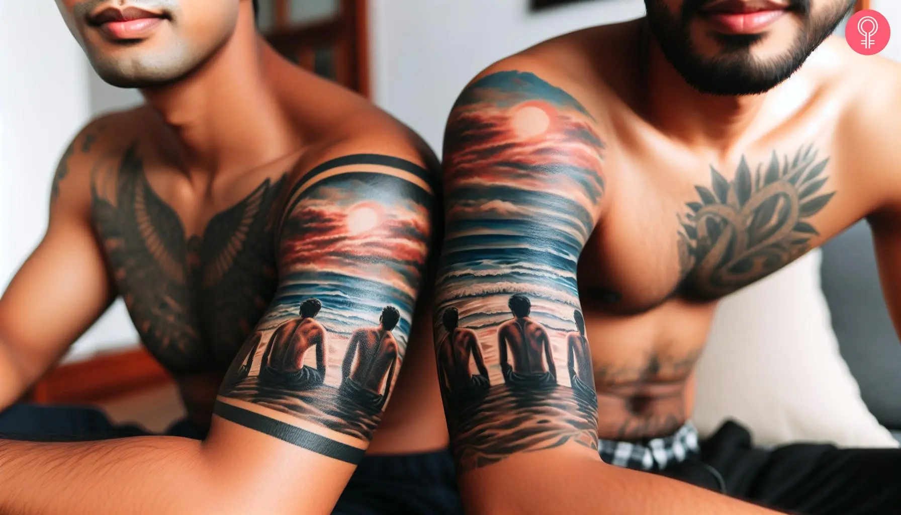 Brothers with brothers sitting at the beach tattoos on their upper arms