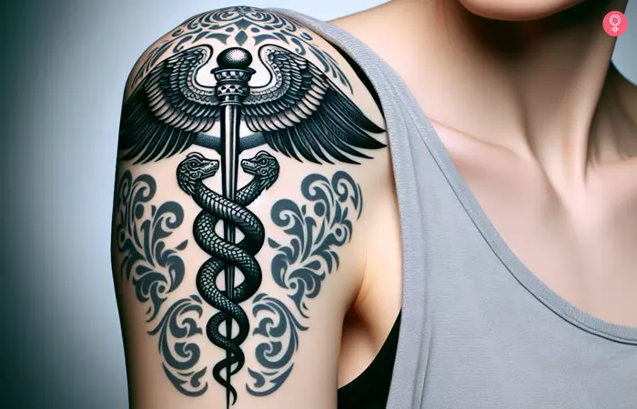Caduceus medical staff symbol tattoo on the upper arm
