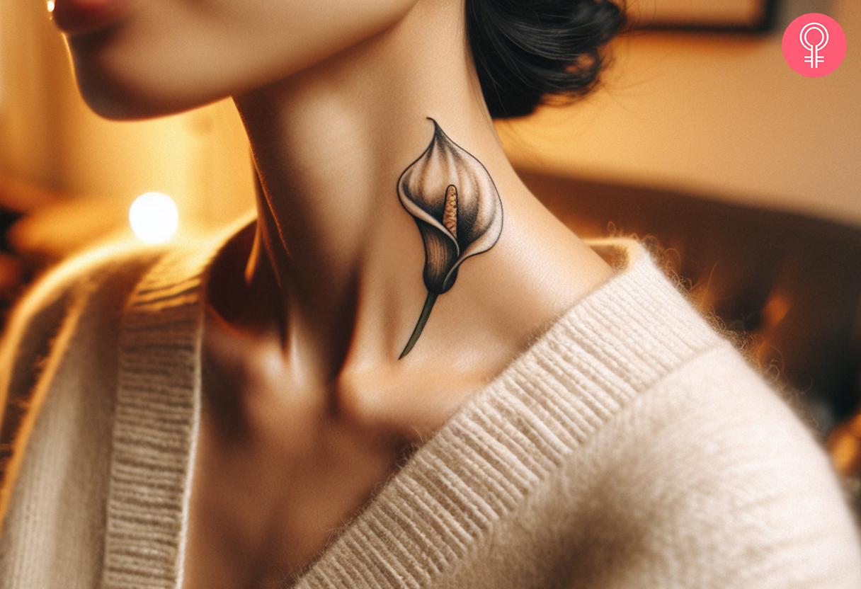 Calla Lily tattoo on the side of a woman's neck