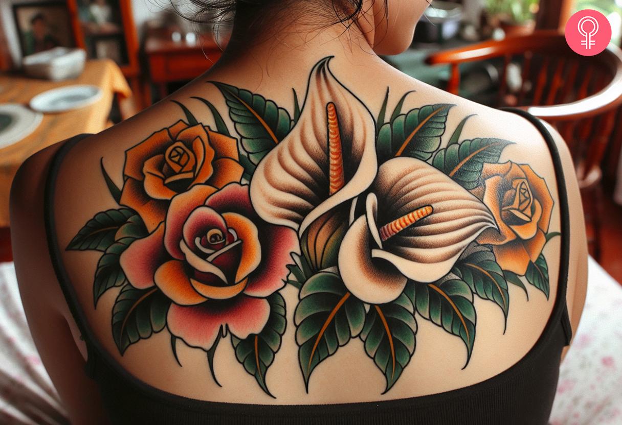 Calla lily and rose tattoo on a woman's back