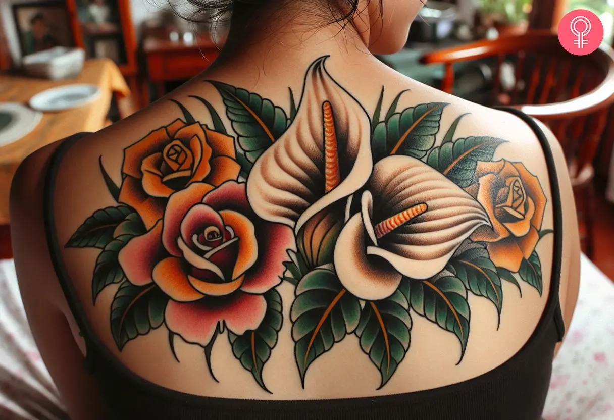 Calla lily and rose tattoo on a woman’s back