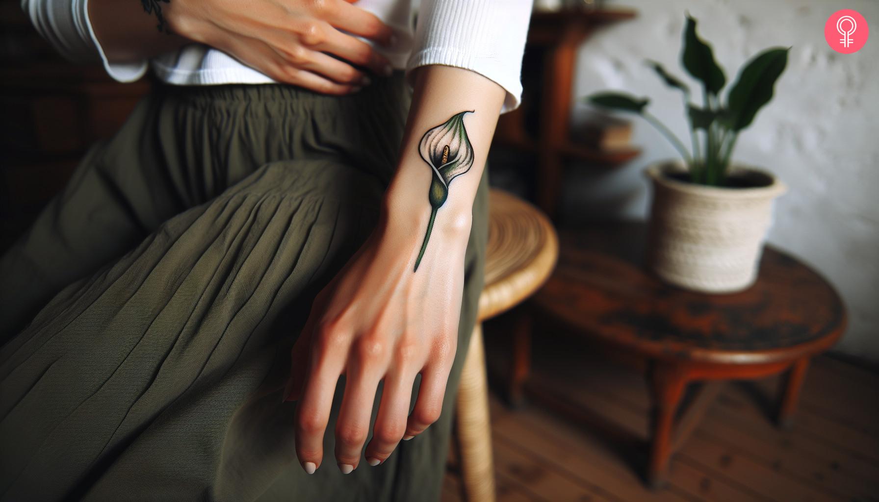 Calla lily tattoo on a woman's wrist