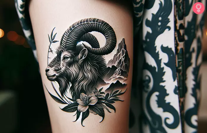 Woman with Capricorn animal tattoo on her thigh