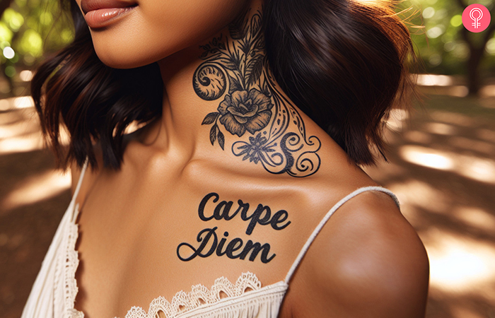 Carpe diem tattoo on a woman’s chest
