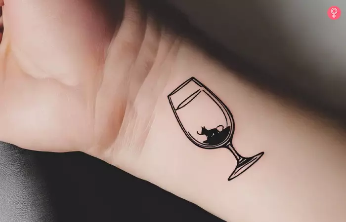Cat wine glass tattoo on the wrist