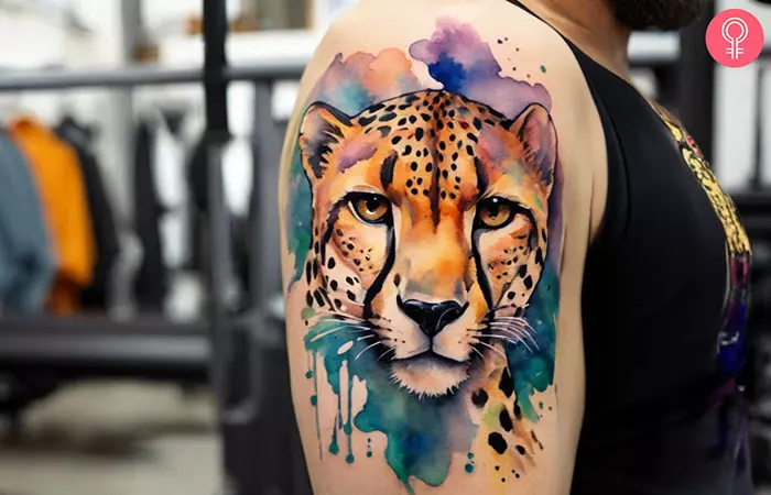 Cheetah tattoo on a man’s shoulder