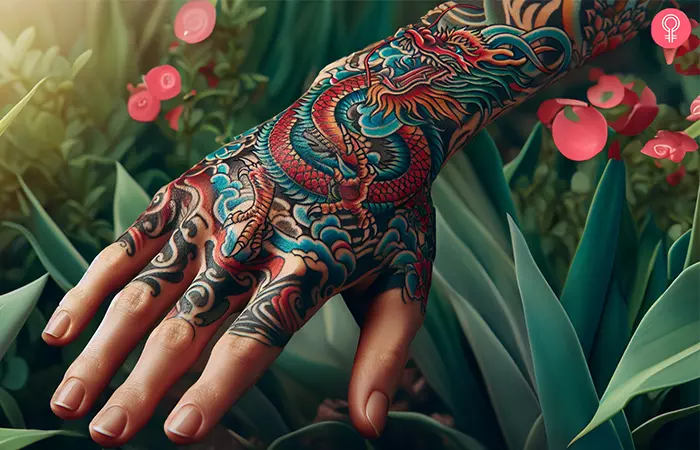 Chinese red dragon tattoo on the hand