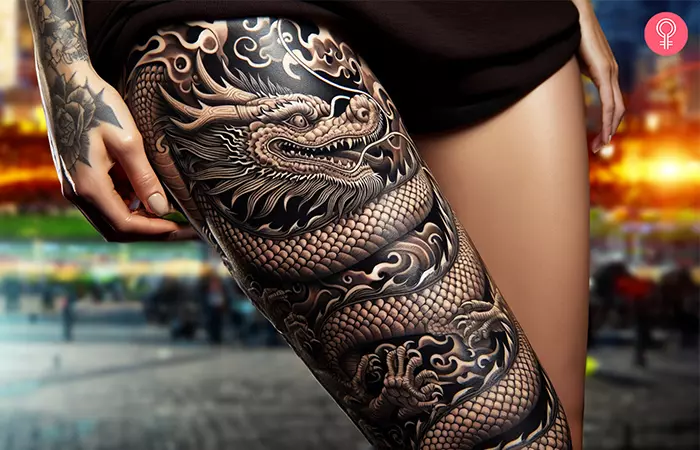 Chinese fire dragon tattoo on the thigh 