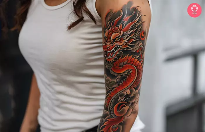 Chinese fire dragon tattoo on the arm