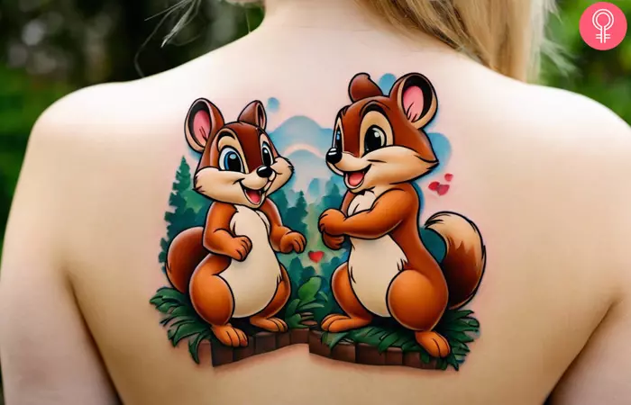 A woman sporting a Chip n’ Dale 3D tattoo on her back