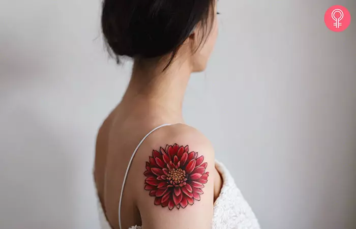 A striking red chrysanthemum blooms on the shoulder