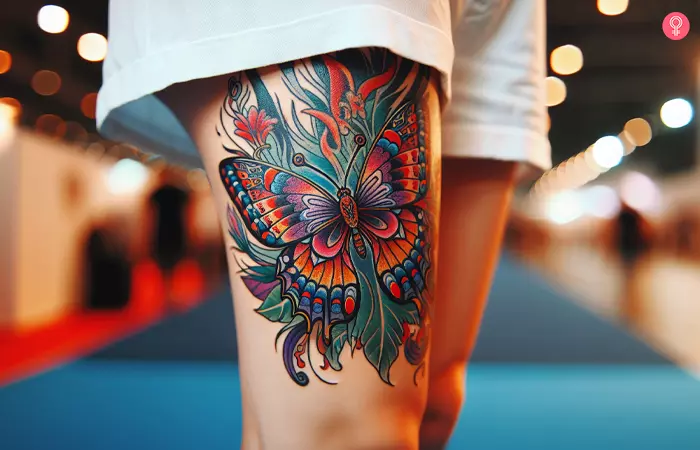 A woman with a floral butterfly side thigh tattoo