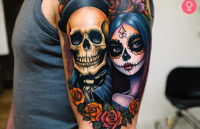 A colored Jack and Sally tattoo