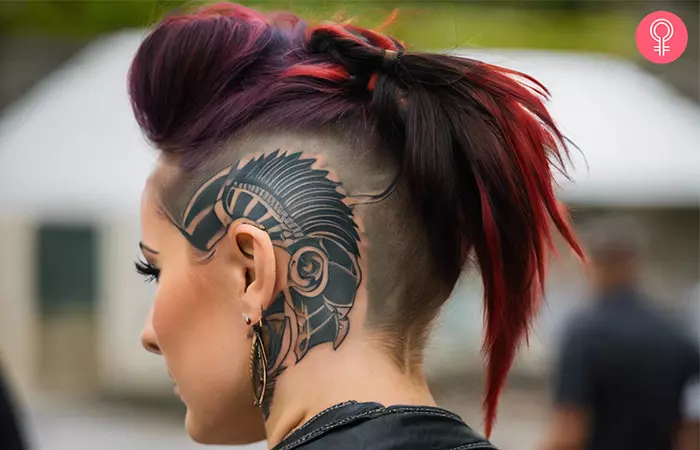 A woman with a mohawk and head tattoo 