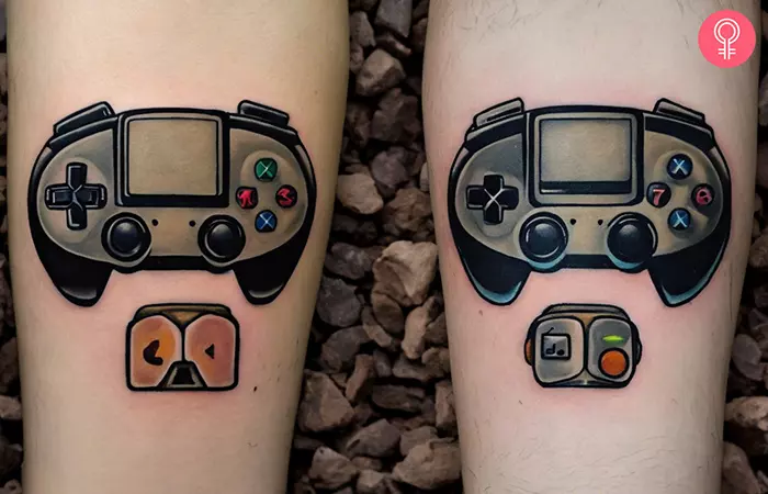 Couple with matching video game tattoo on wrist
