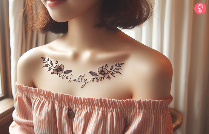 A cute ornamental collarbone baby name tattoo