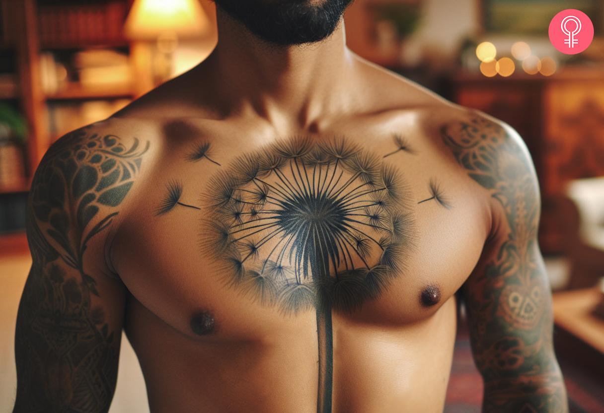 Dandelion tattoo on a man's chest