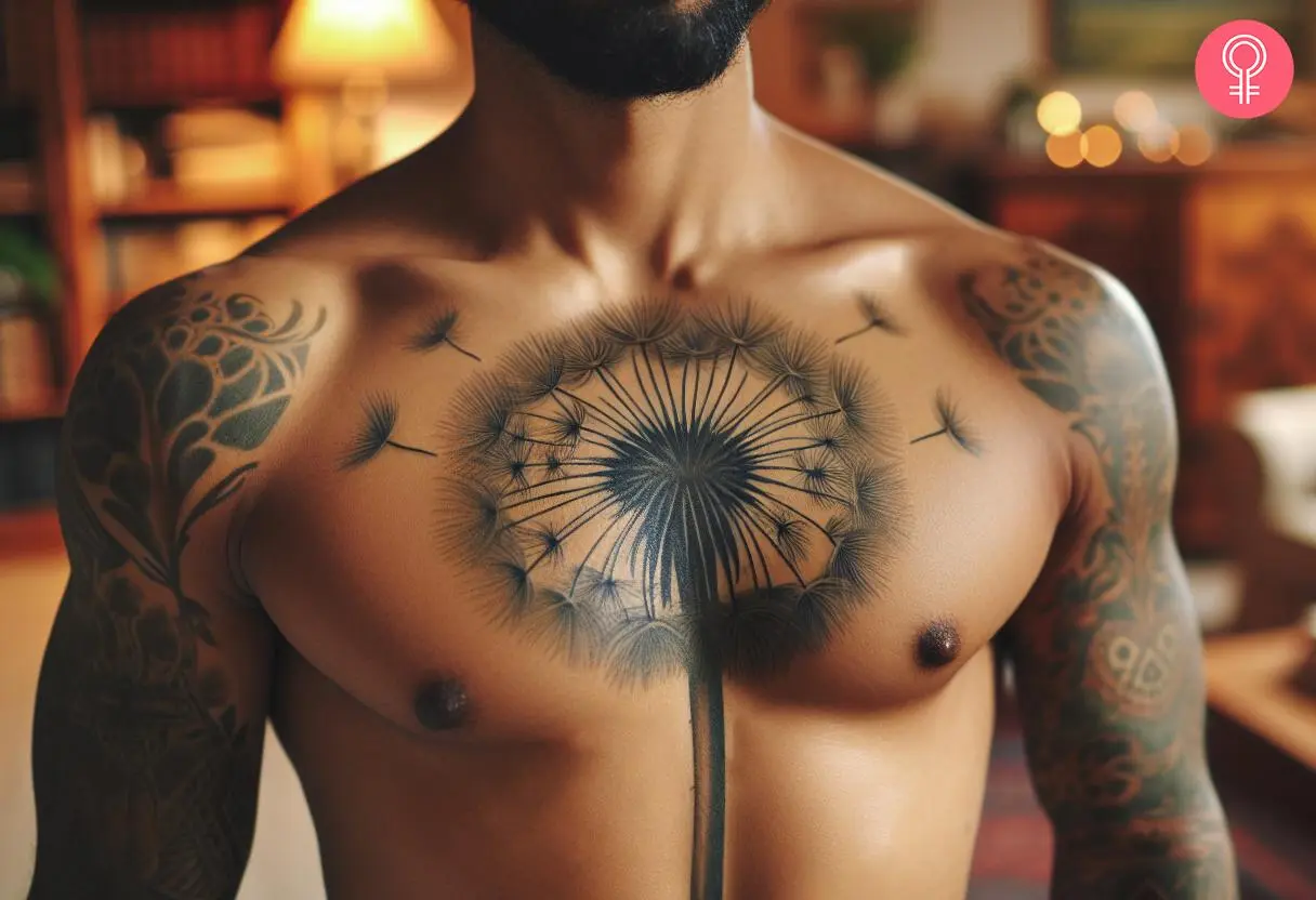 Dandelion tattoo on the chest of a man