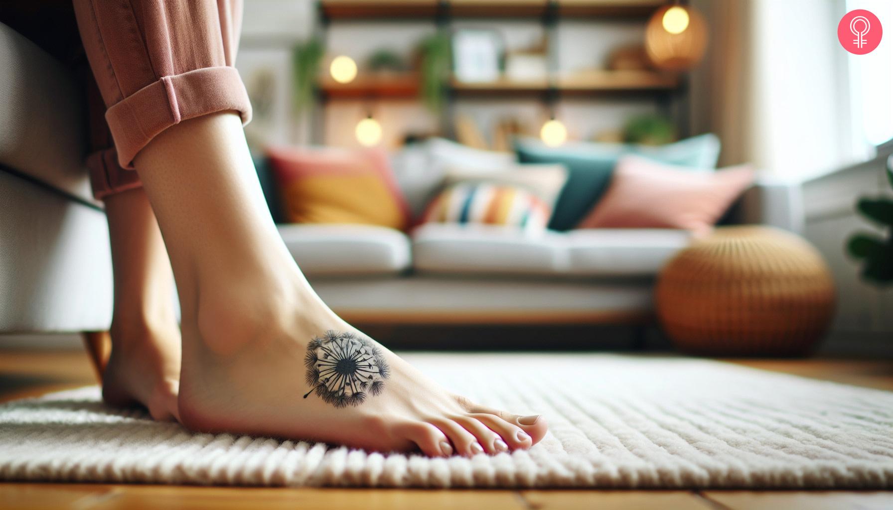 Dandelion tattoo on a woman's foot