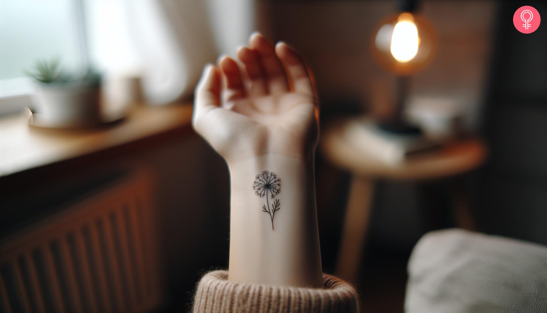 Dandelion tattoo on a woman's wrist