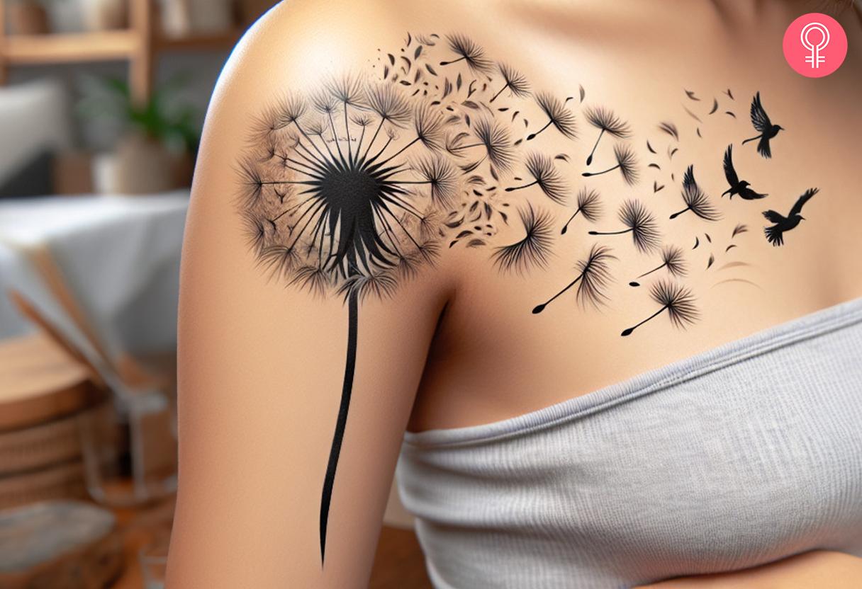 Dandelion with birds tattooed on a woman's front shoulder