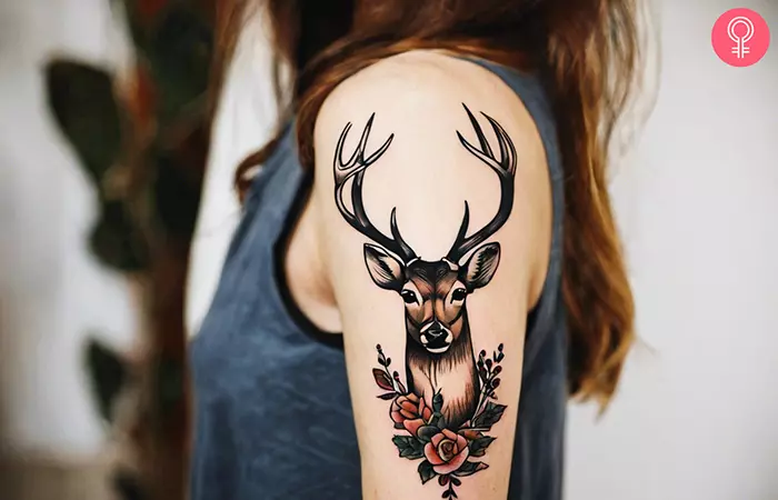 Deer Antler Tattoo With Flowers