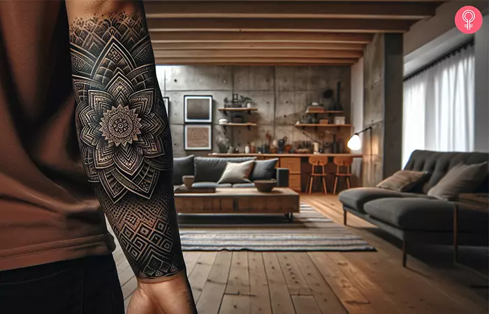 A dotwork mandala half sleeve blackout tattoo