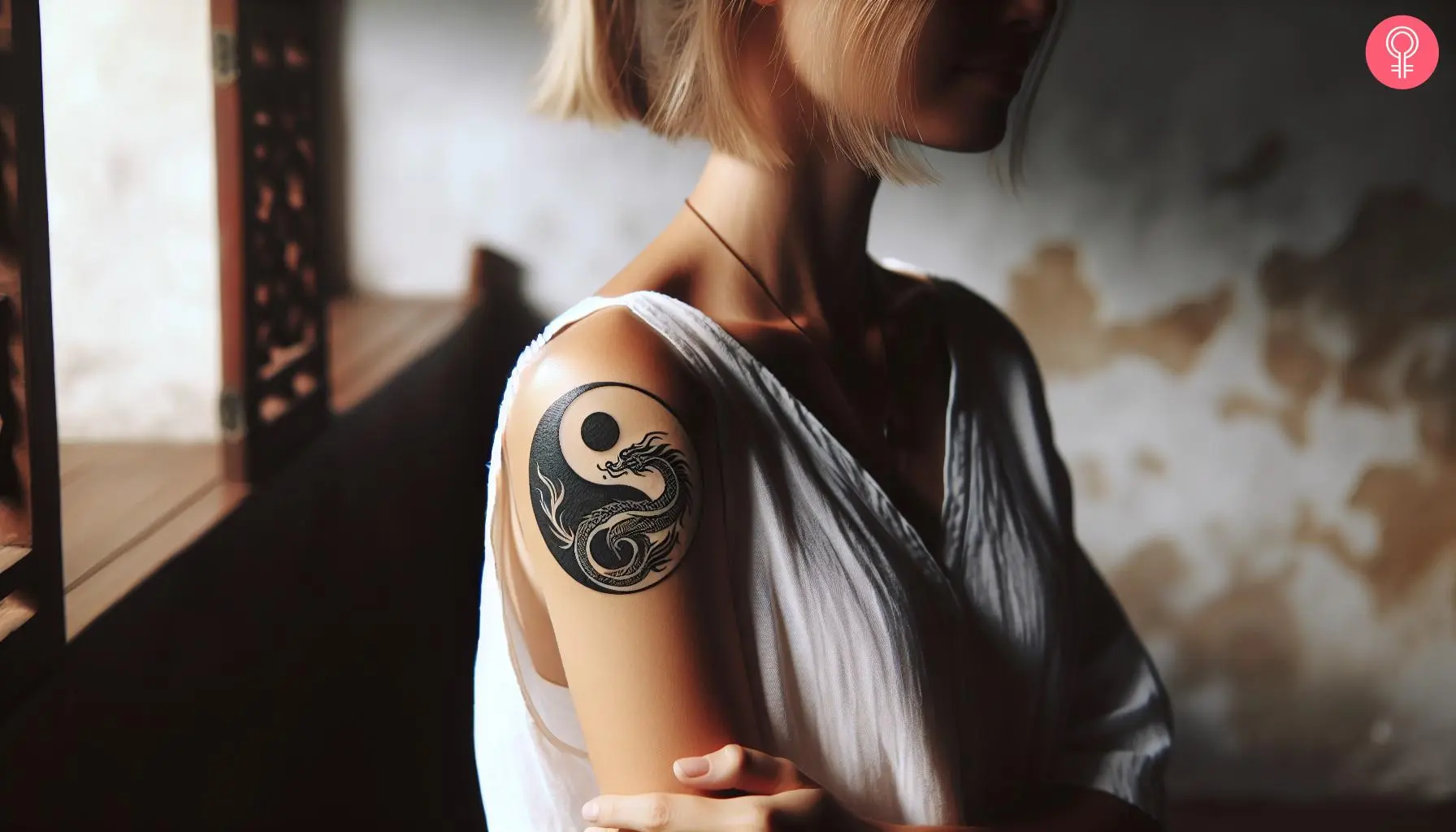 A dragon yin yang tattoo on the upper arm