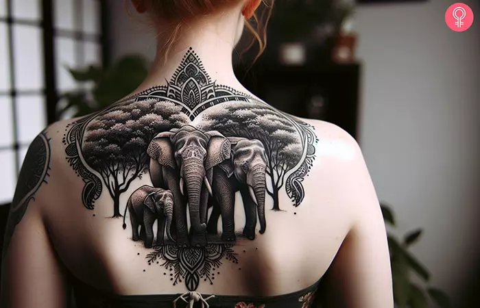 A large tattoo depicting a herd of elephants on the upper back