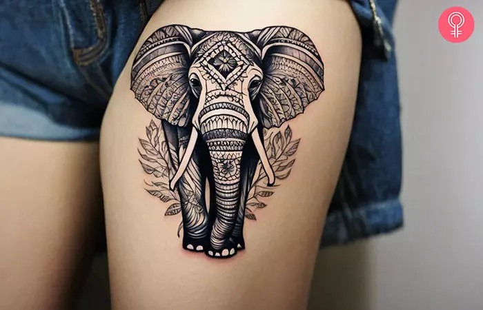 A decorated elephant tattoo on a woman’s thigh