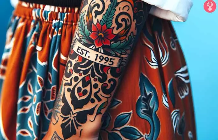 A woman with an Est. 1995 tattoo on her lower arm