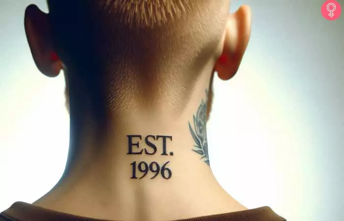 A woman with an Est. 1996 tattoo on the back of the neck