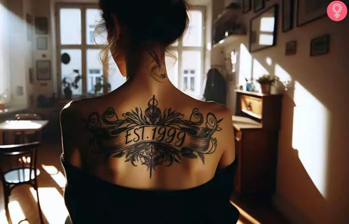 A woman with an Est. 1999 tattoo on her back