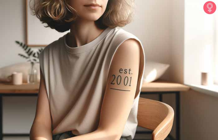 A woman with an Est. 2001 tattoo on her upper arm