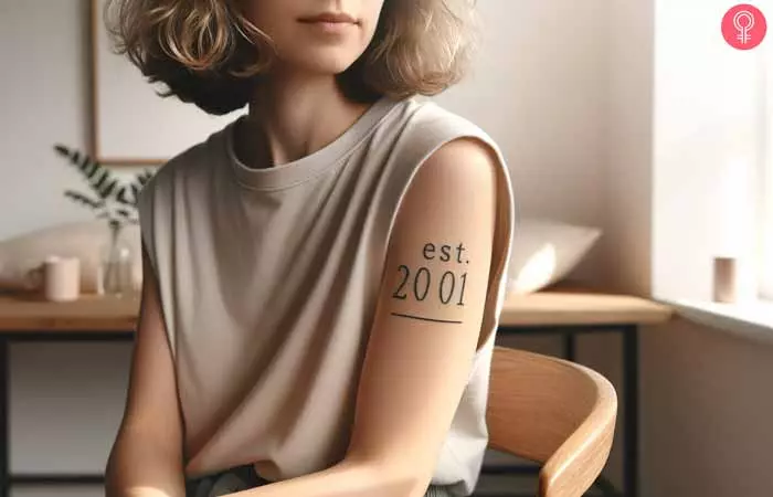 A woman with an Est. 2001 tattoo on her upper arm