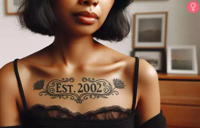  A woman with an Est. 2002 tattoo below her clavicle