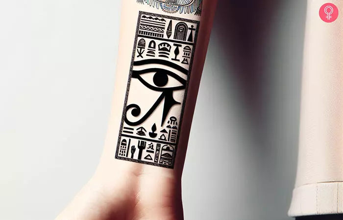 A forearm tattoo of the Eye of Ra and hieroglyphics