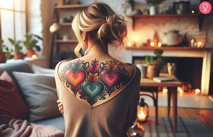 Colorful heart tattoo on the upper back