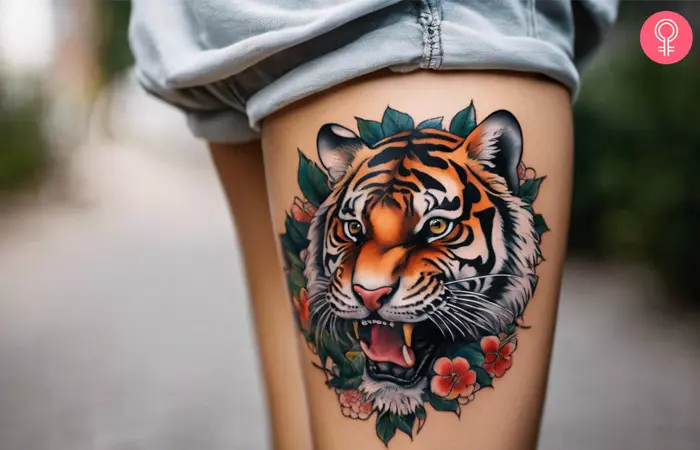 Woman with a female tiger tattoo on the thigh