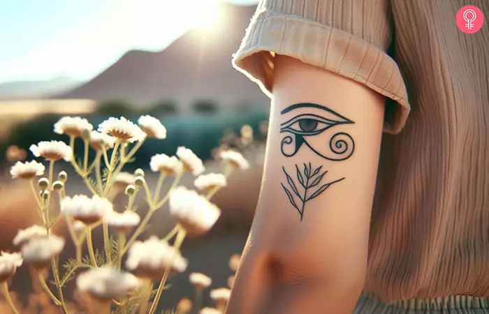 A feminine eye of Horus tattoo on the arm